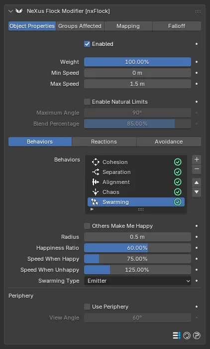 The nxFlock Swarming behavior settings