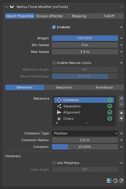 The nxFlock Object Properties panel