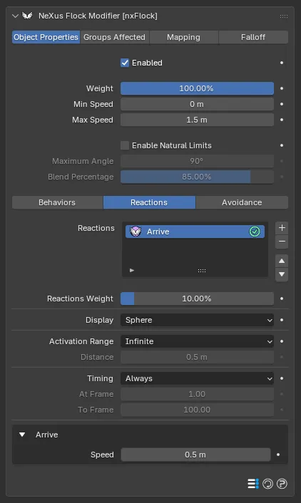 The nxFlock Arrive reactor settings
