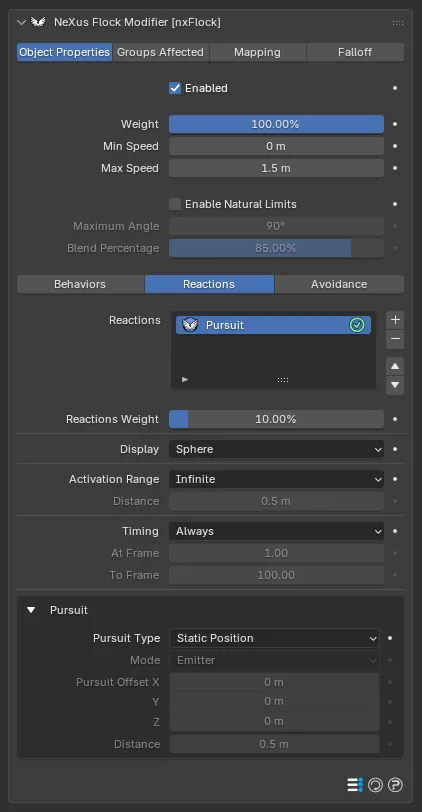 The nxFlock Reactions section with a Pursuit reactor