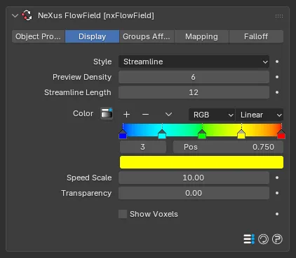 The nxFlowField Display tab