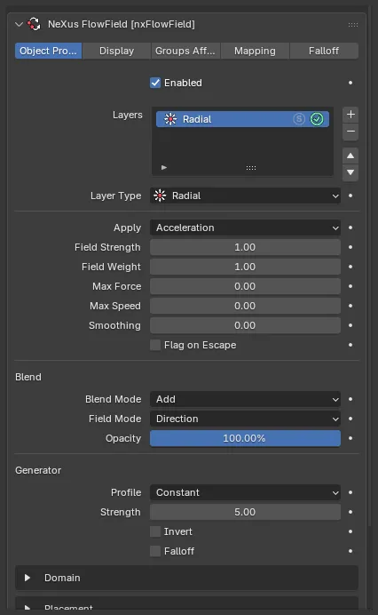 The nxFlowField Object Properties panel
