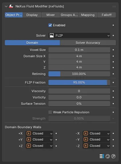 The nxFluids FLIP Domain settings