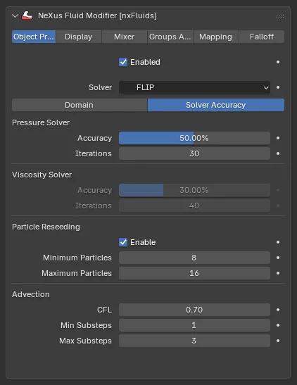 The nxFluids FLIP Solver Accuracy settings