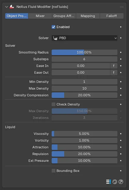 The nxFluids Object Properties panel with the Solver dropdown set to PBD
