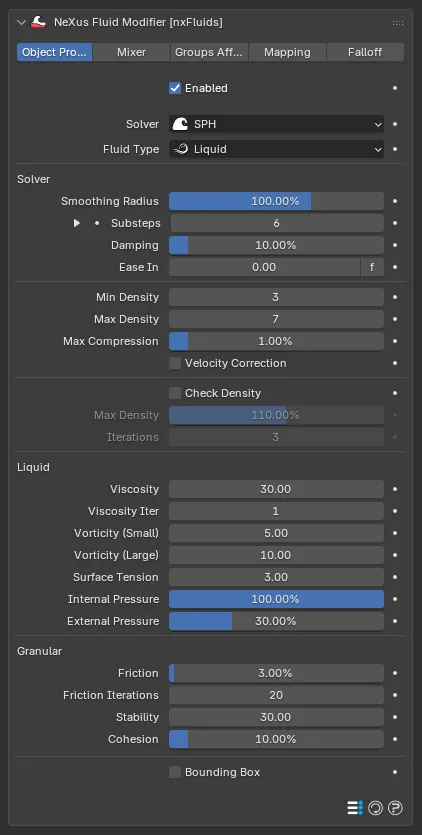 The nxFluids SPH Object Properties panel