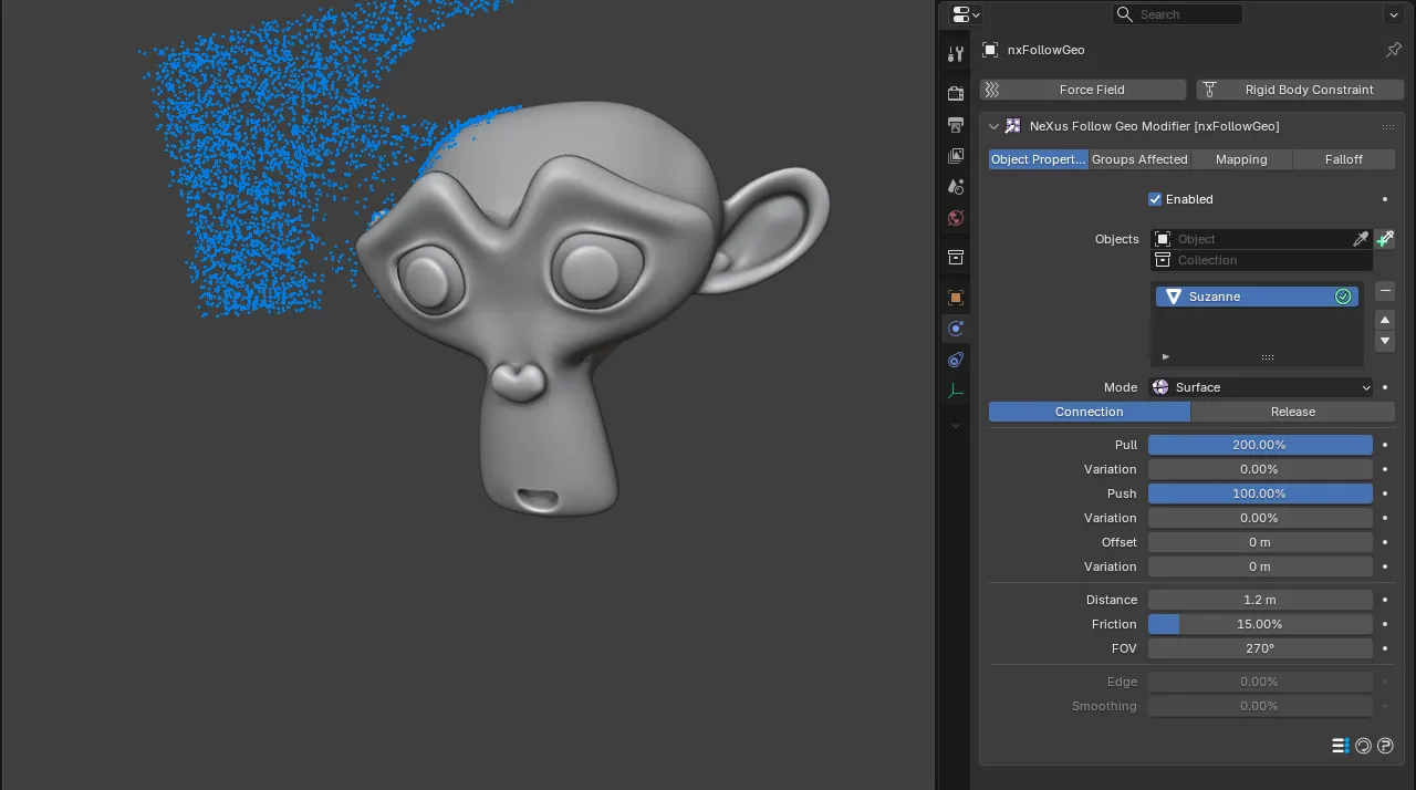 A mesh item selected in the nxFollowGeo Objects list