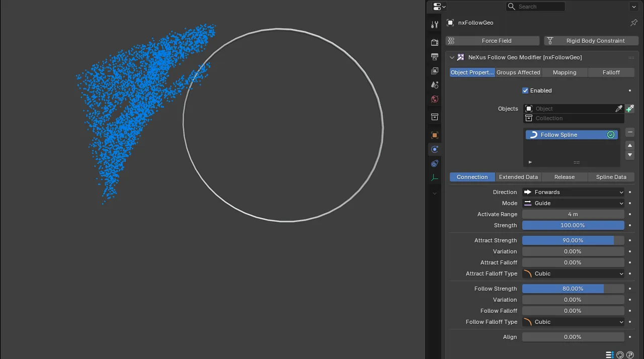 A Curve item selected in the nxFollowGeo Objects list