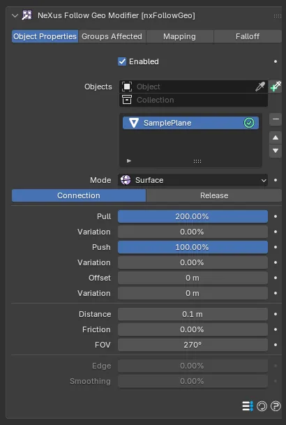 The nxFollowGeo Object Properties panel