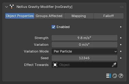 The nxGravity Object Properties panel