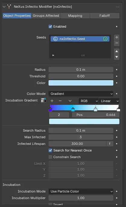 The nxInfectio Color group with Color Mode set to Gradient