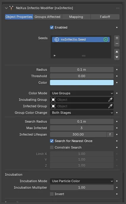 The nxInfectio Color group with Color Mode set to Use Groups