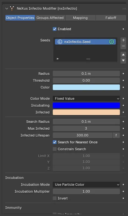 The nxInfectio Object Properties panel