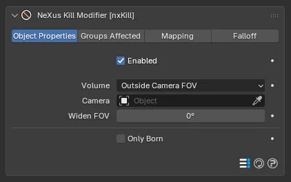 The nxKill panel with Volume set to Outside Camera FOV