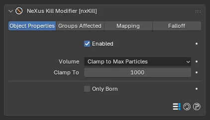 The nxKill panel with Volume set to Clamp to Max Particles