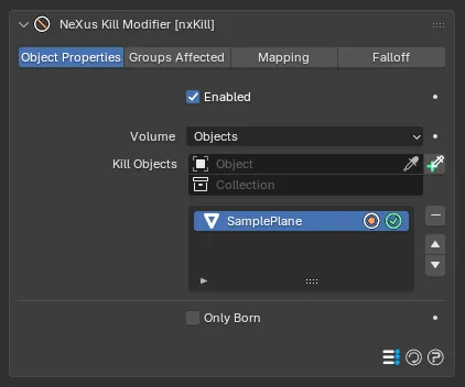 The nxKill panel with Volume set to Objects