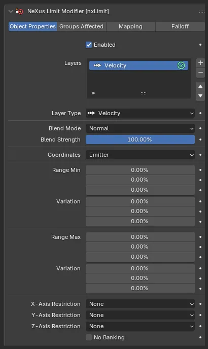 The nxLimit Object Properties panel with a Velocity layer