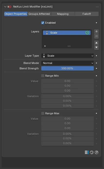 The nxLimit Scale layer settings