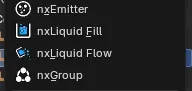 The Emitter section of the INSYDIUM NeXus menu, with nxLiquid Fill and nxLiquid Flow listed just below nxEmitter