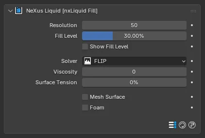The NeXus Liquid control panel on the group empty