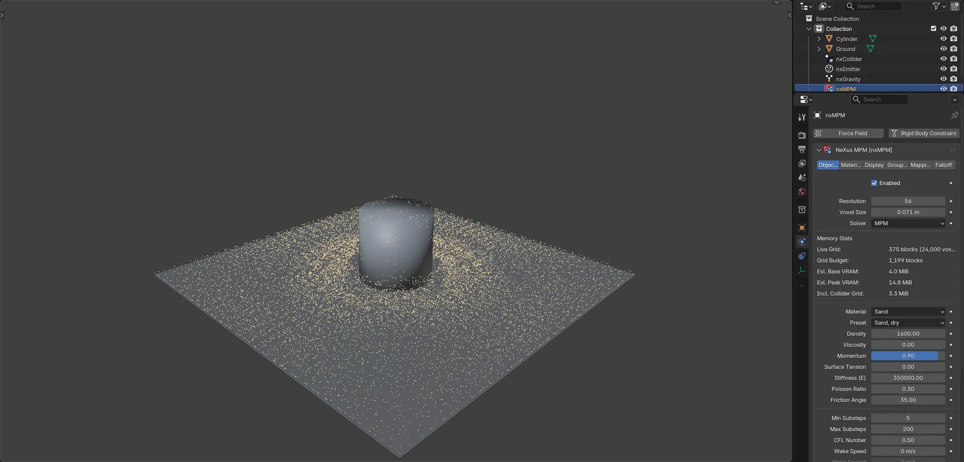 Sand from nxMPM settling around a cylinder in Blender