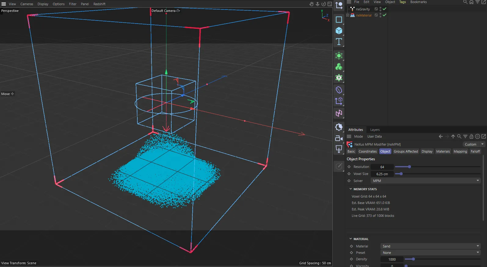 nxMPM in Cinema 4D, with its settings in the Attribute Manager