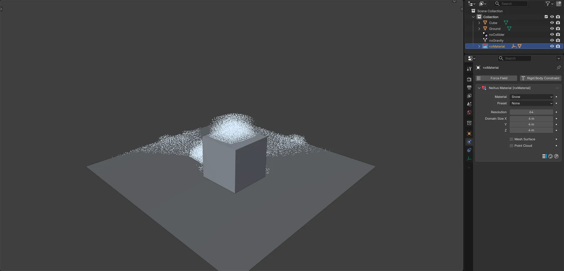 Snow from an nxMaterial setup on a cube in Blender