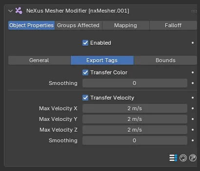 The nxMesher Export Tags section