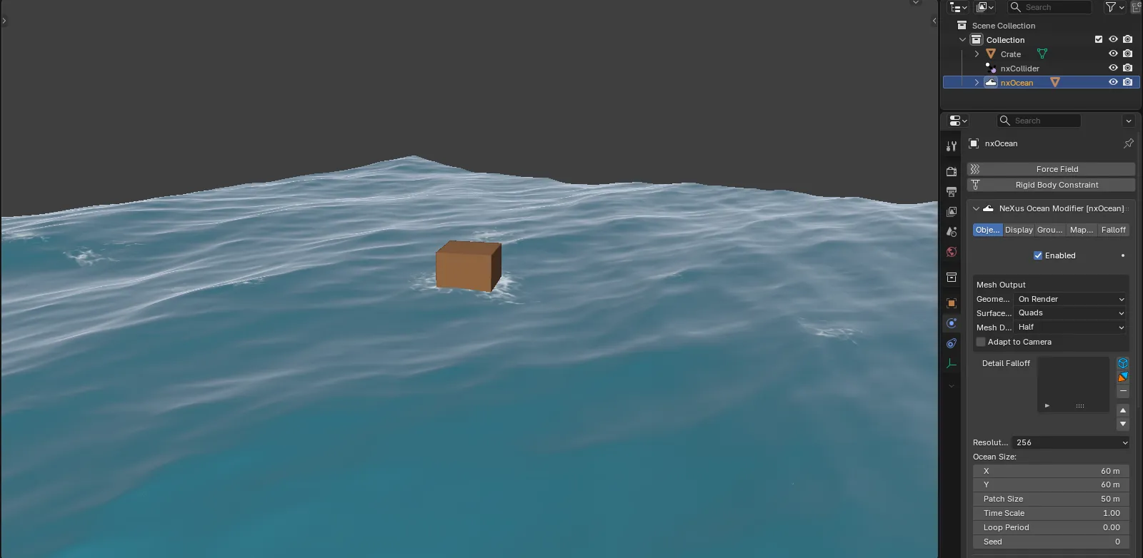 An nxOcean surface with a floating box in Blender
