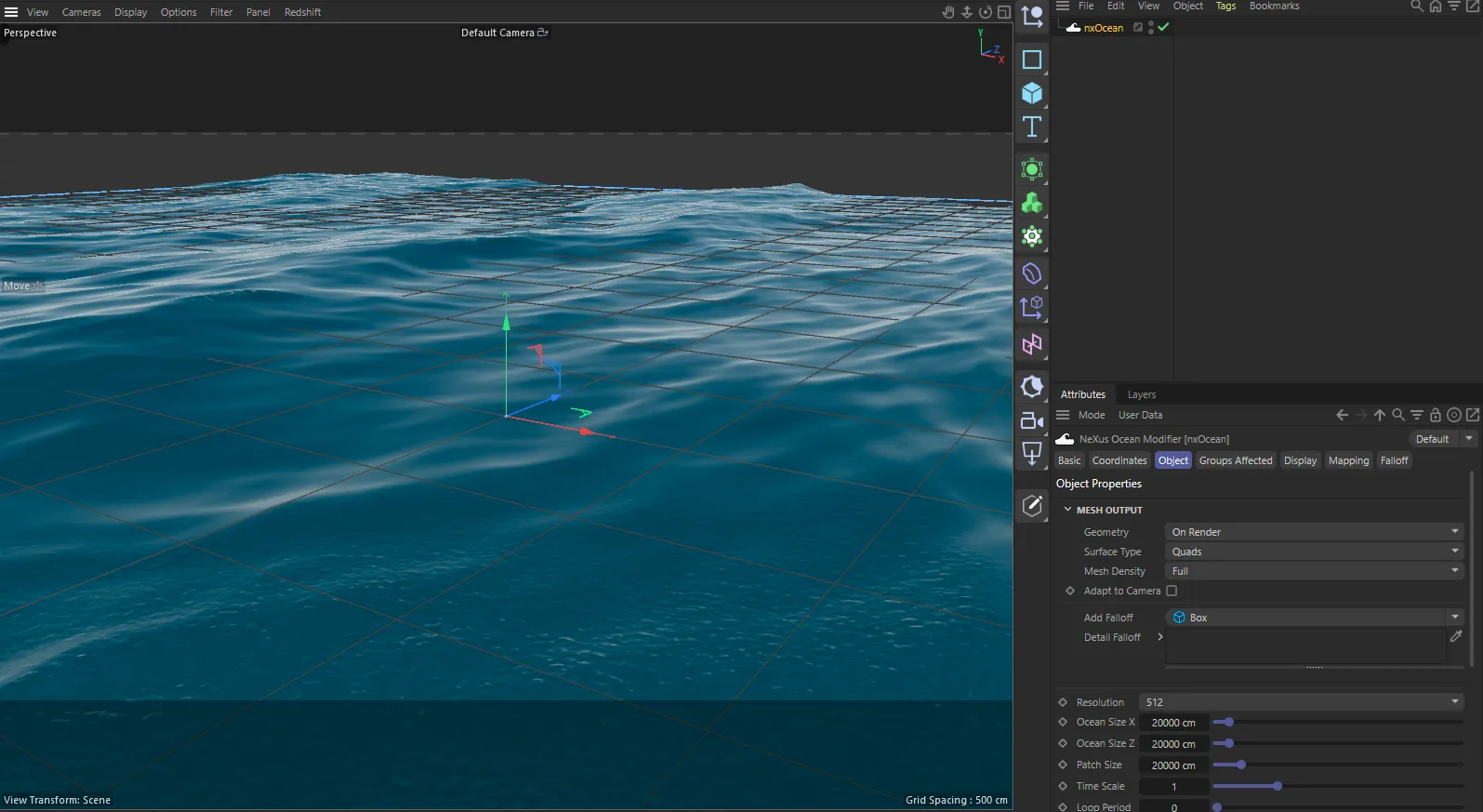 nxOcean in Cinema 4D, with its settings in the Attribute Manager