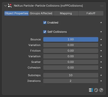 The nxPPCollisions Object Properties panel