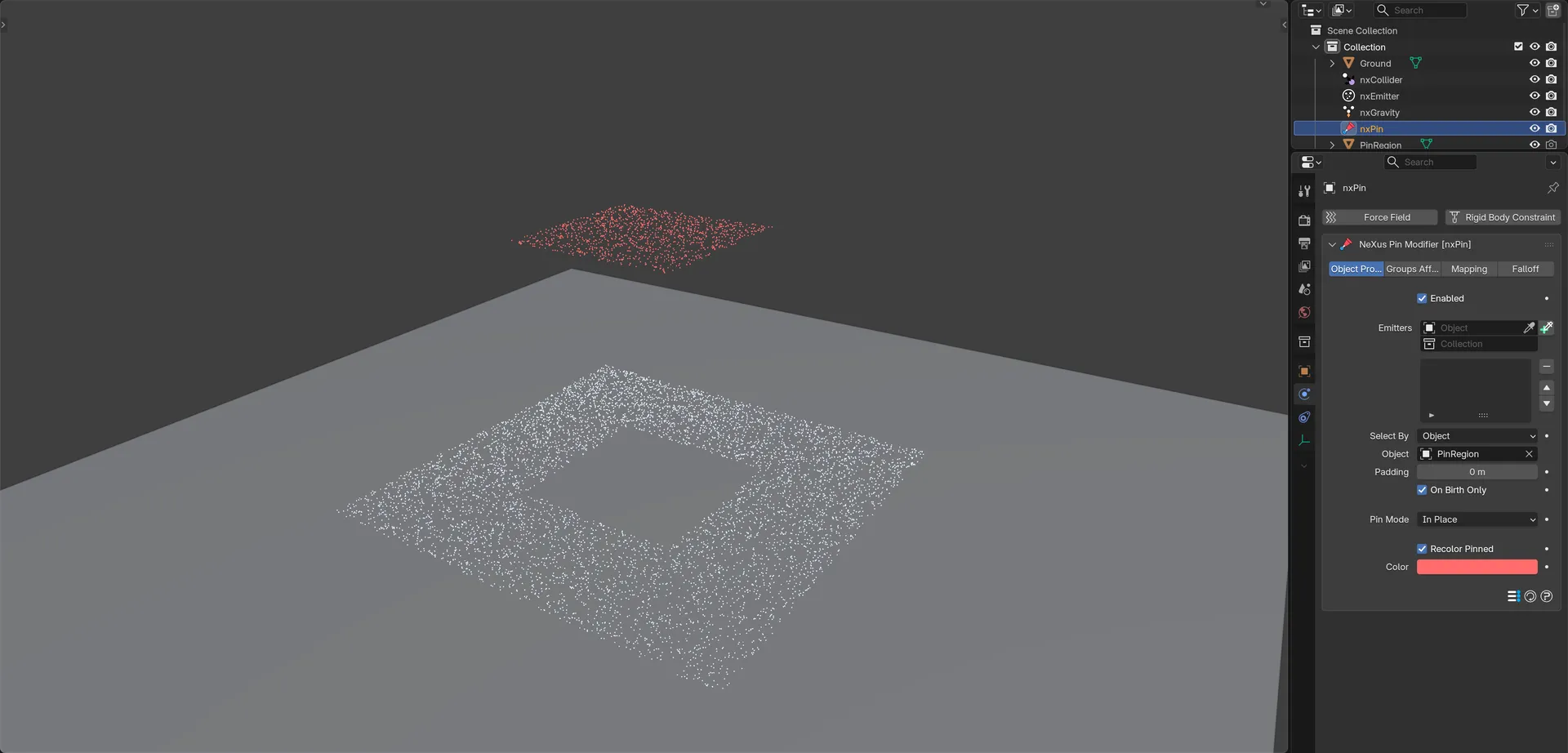 Particles pinned in mid-air by nxPin while the rest fall in Blender