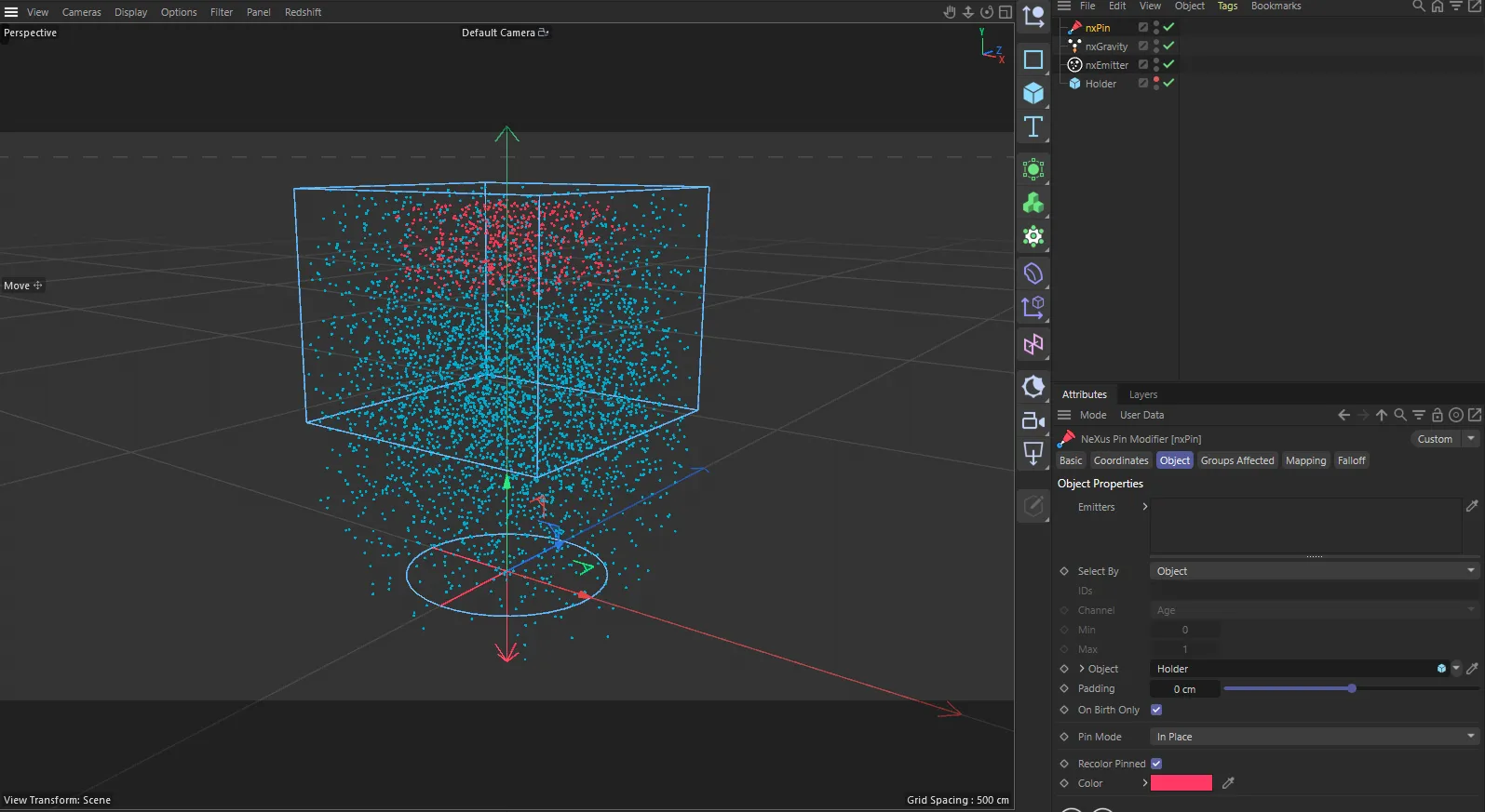 nxPin in Cinema 4D, with its settings in the Attribute Manager