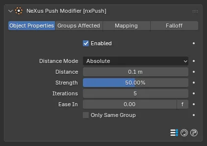 The nxPush Object Properties panel