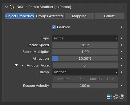 The nxRotate Object Properties panel with the Angular Accel group open