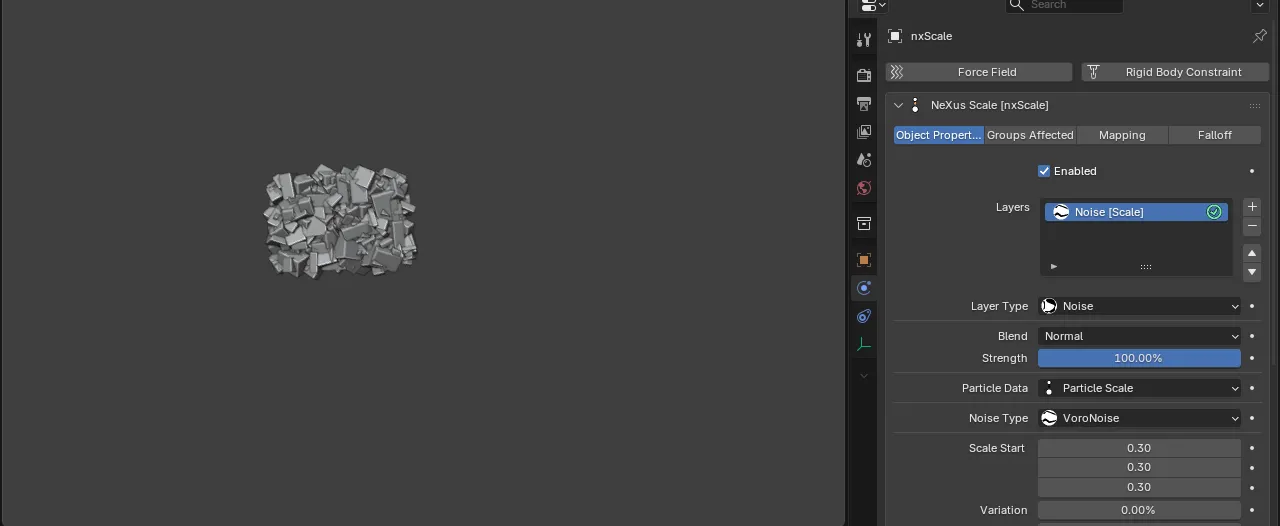 A field of instanced cubes at mixed sizes sampled from a noise field