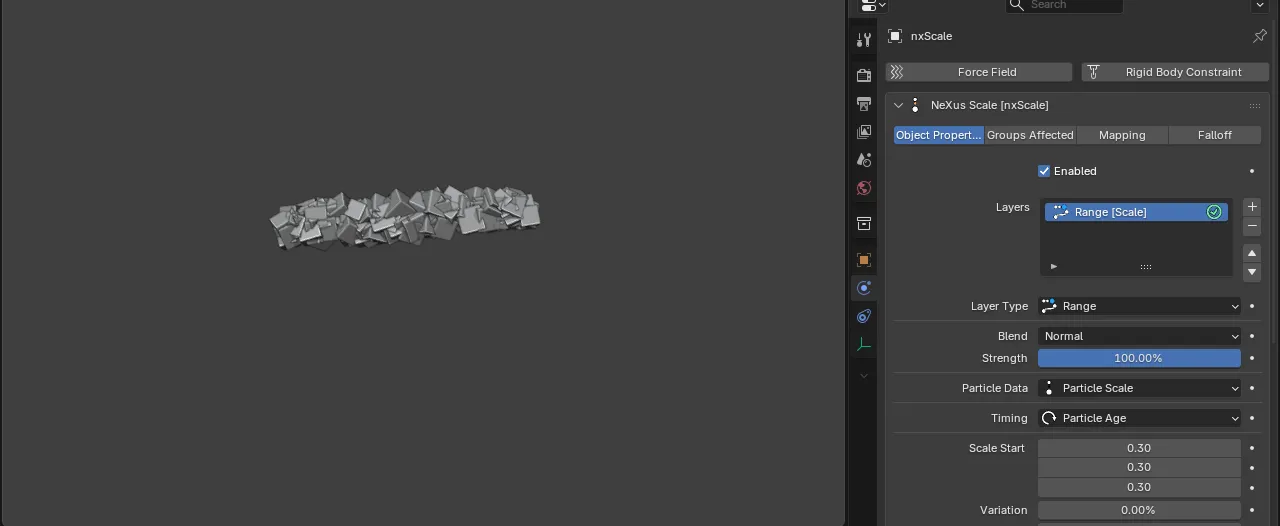 A stream of instanced cubes grown from small to large over their age by a Range layer