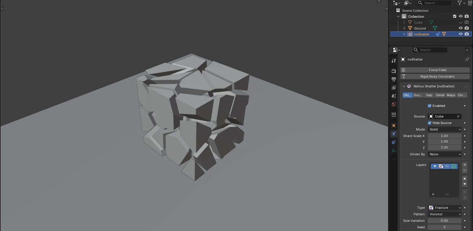 A cube broken into pieces by nxShatter in Blender