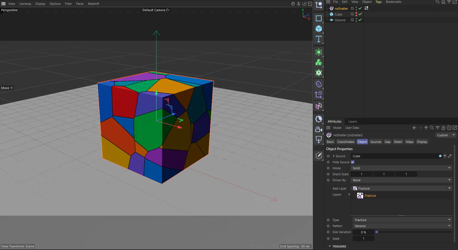 nxShatter in Cinema 4D, with its settings in the Attribute Manager