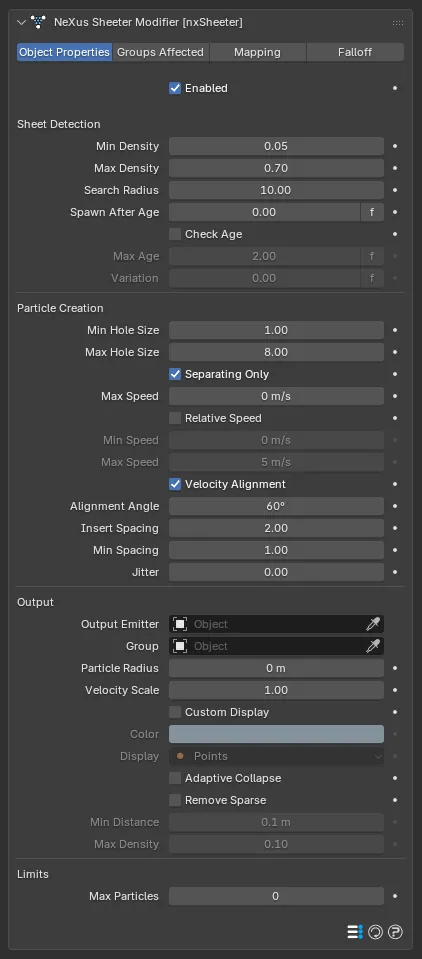 The nxSheeter Object Properties panel