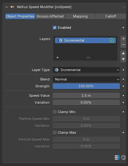 The nxSpeed Object Properties panel with an Incremental layer