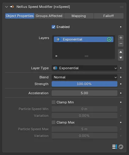 The nxSpeed panel with an Exponential layer