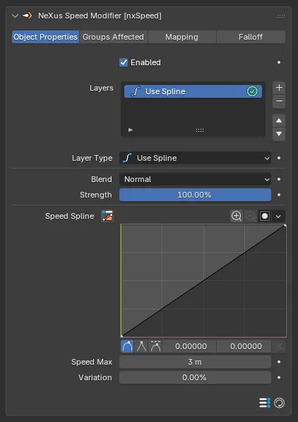 The nxSpeed panel with a Use Spline layer