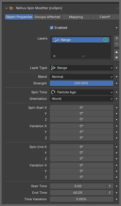 The nxSpin Object Properties panel with a Range layer