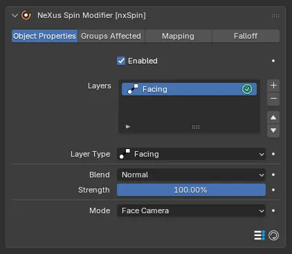 The nxSpin Facing layer settings