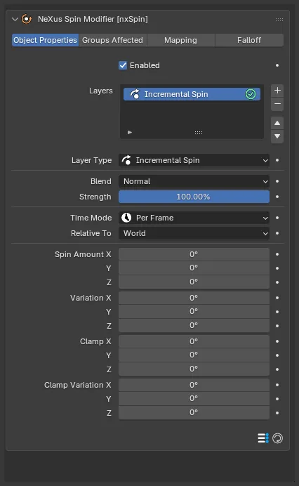 The nxSpin Incremental Spin layer settings