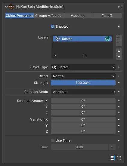 The nxSpin Rotate layer settings