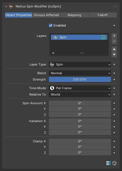 The nxSpin Spin layer settings