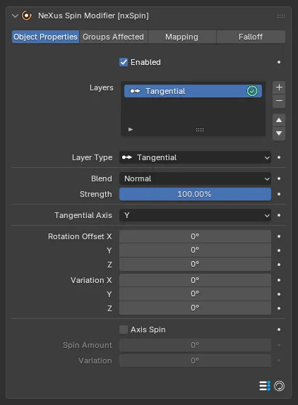 The nxSpin Tangential layer settings