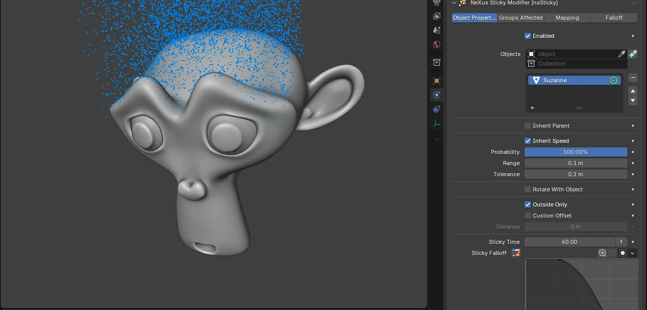 The per-object sticky settings, shown at their defaults, with particles stuck to Suzanne
